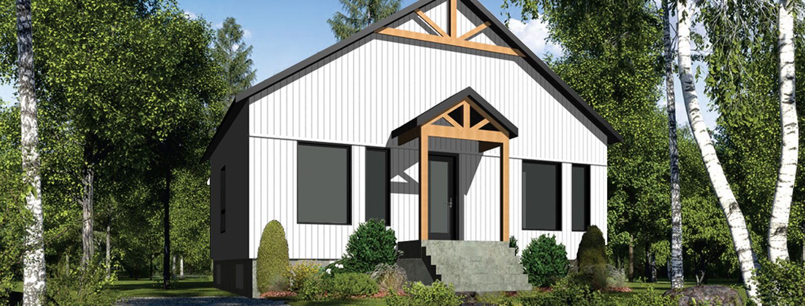 Rendu 3D d'une maison de la collection Signature Farmhouse, blanche à toit noir, entre les bouleaux