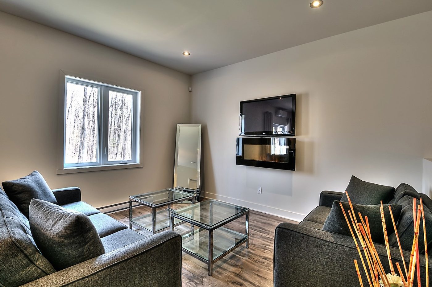 Salon d'une maison livrée au Quartier Eaux-Vives : canapés gris, tables de verre, téléviseur au mur, fenêtre sur les arbres
