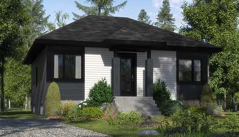 Le Jade I, maison plain-pied à toit en pavillon, revêtement gris pâle et noir, rendu 3D