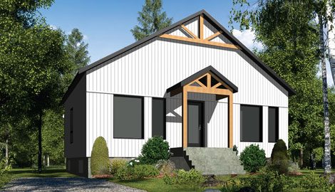 La Judy, maison plain-pied de la collection Farmhouse avec porche à colombages de bois, rendu 3D