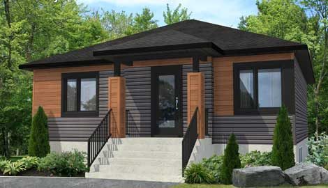 Le Onyx, maison plain-pied avec accents de bois et revêtement gris foncé, rendu 3D