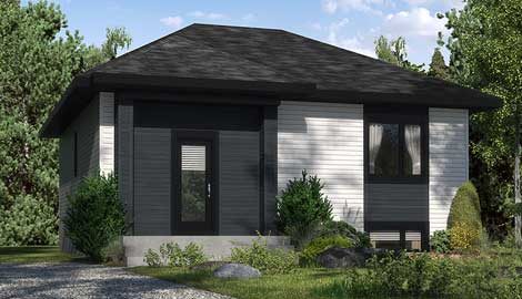La Opale, maison plain-pied à toit en pavillon, revêtement gris et noir, rendu 3D