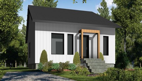 La Trinity, maison plain-pied de la collection Farmhouse, revêtement blanc et toit noir, rendu 3D