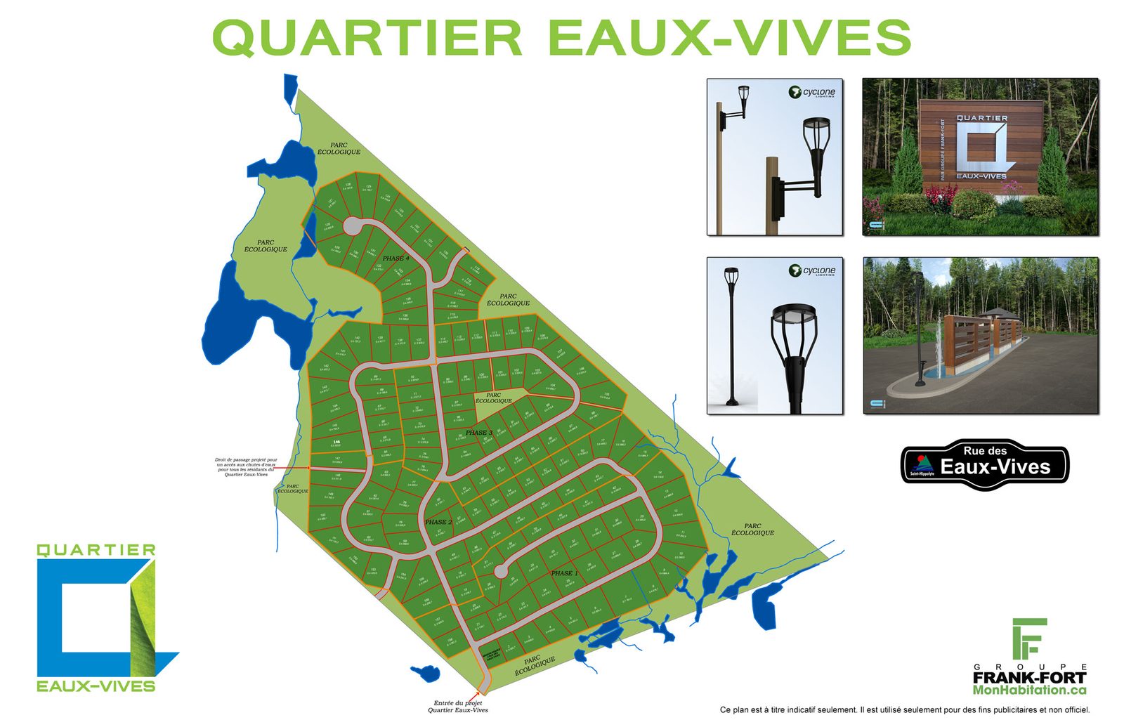 Plan de lotissement du Quartier Eaux-Vives, avec les lampadaires et l'enseigne d'entrée en médaillon
