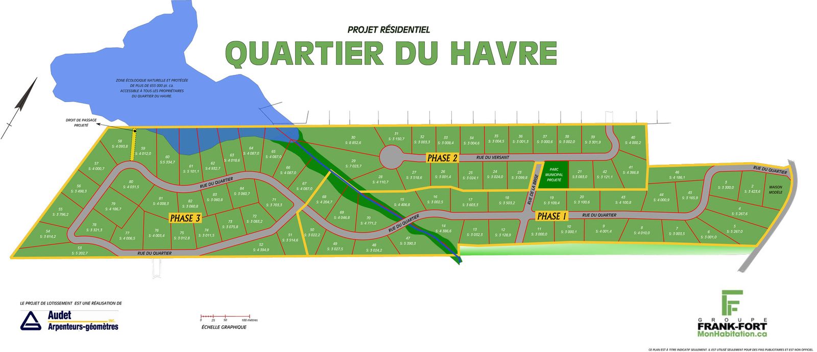 Plan de lotissement du Quartier du Havre : les phases 1 à 3, la zone écologique en vert et le plan d'eau